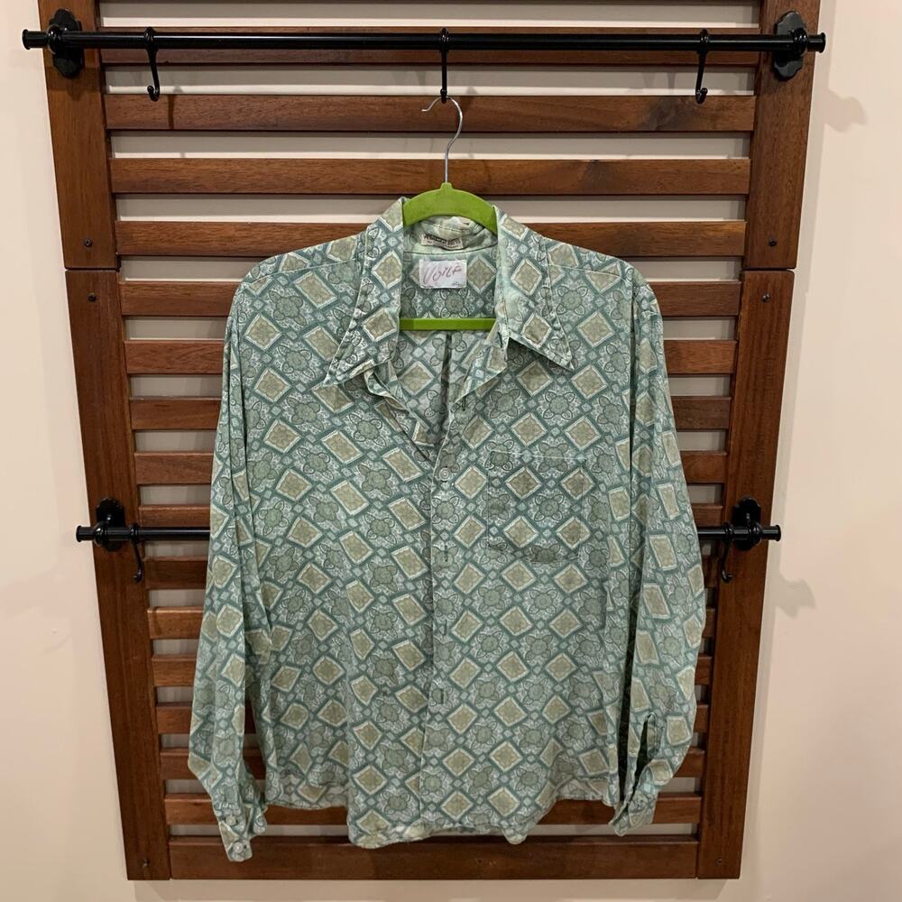 Vintage 70s Viola Green Geometric Floral Medallion Print Long Sleeve Shirt XL